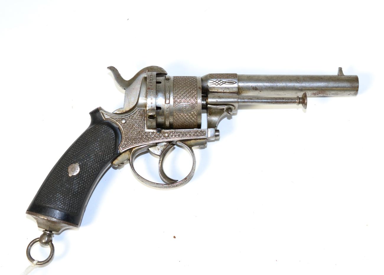 A 19th Century Belgian Pinfire Six Shot Revolver, with 11cm sighted barrel, the breech end and