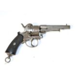 A 19th Century Belgian Pinfire Six Shot Revolver, with 11cm sighted barrel, the breech end and