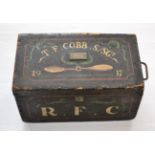 A First World War Royal Flying Corps Pine Box, the hinged cover painted with two propeller blades