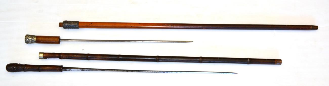 A 19th Century Malacca Swordstick, with 40cm flattened square section steel blade, woven silver wire