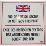 A Post Second World War Enamelled Berlin Wall Sign, with a Union Jack over the inscription ''END