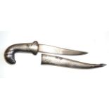 An Indian Small Dagger, the 11.5cm single edge curved steel blade inlaid with silver script, the