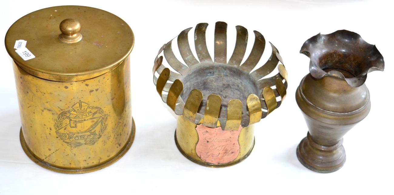 Three Pieces of First World War Brass Trench Art, comprising a jardiniere made from a German
