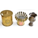 Three Pieces of First World War Brass Trench Art, comprising a jardiniere made from a German