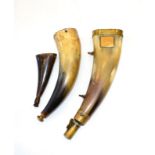 An Early 19th Century Powder Horn, with brass pull-off cover/measure, brass base and two