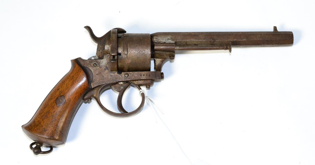 A 19th Century Belgian Pinfire Six Shot Revolver, with 14cm sighted octagonal steel barrel, the