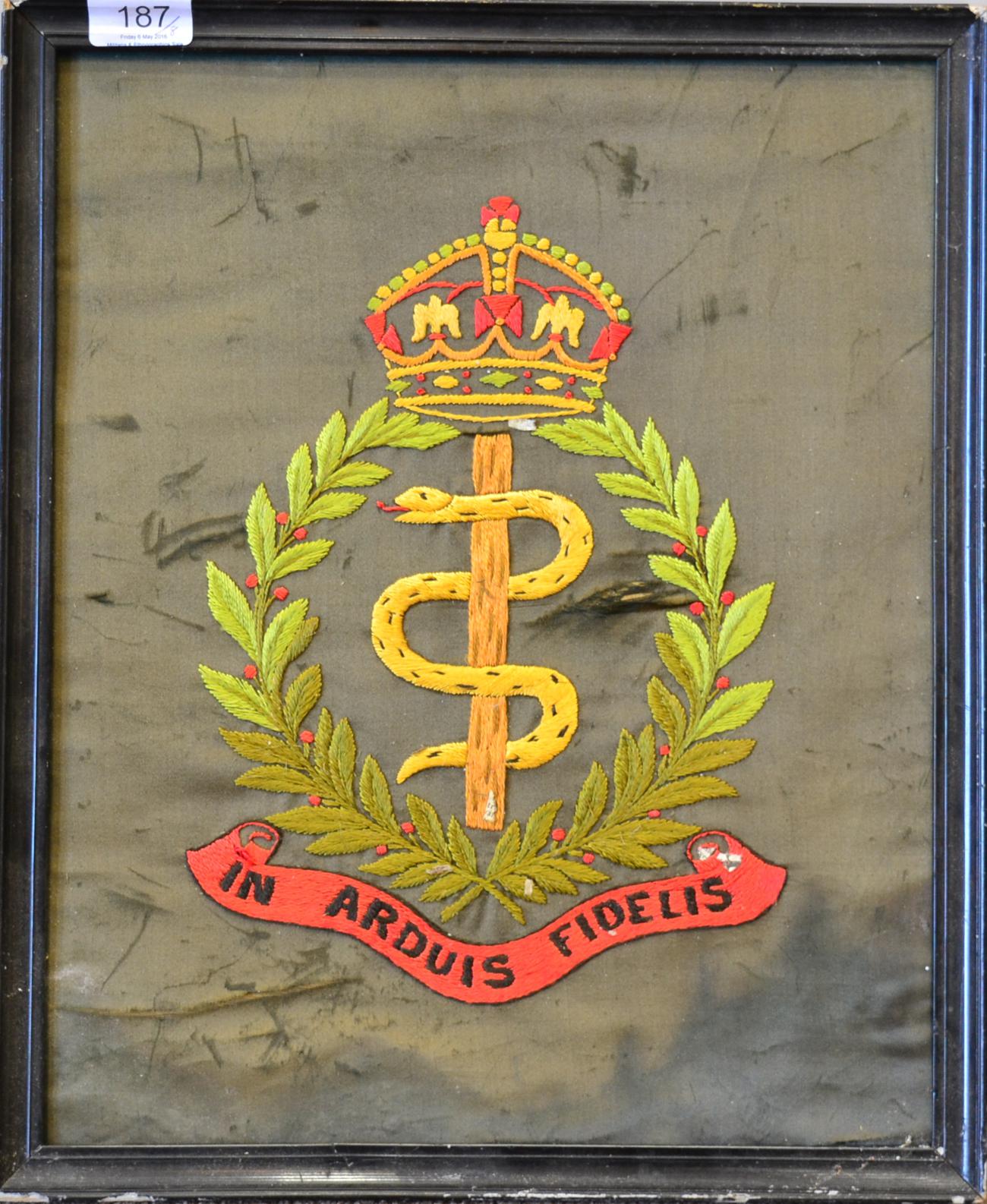 A First World War Embroidered Silk Picture, worked with the badge of the Royal Army Medical Corps;