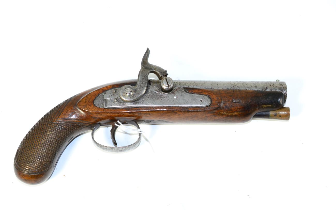 An Early 19th Century Percussion Travelling Pistol by Smith, London, converted from a flintlock, the