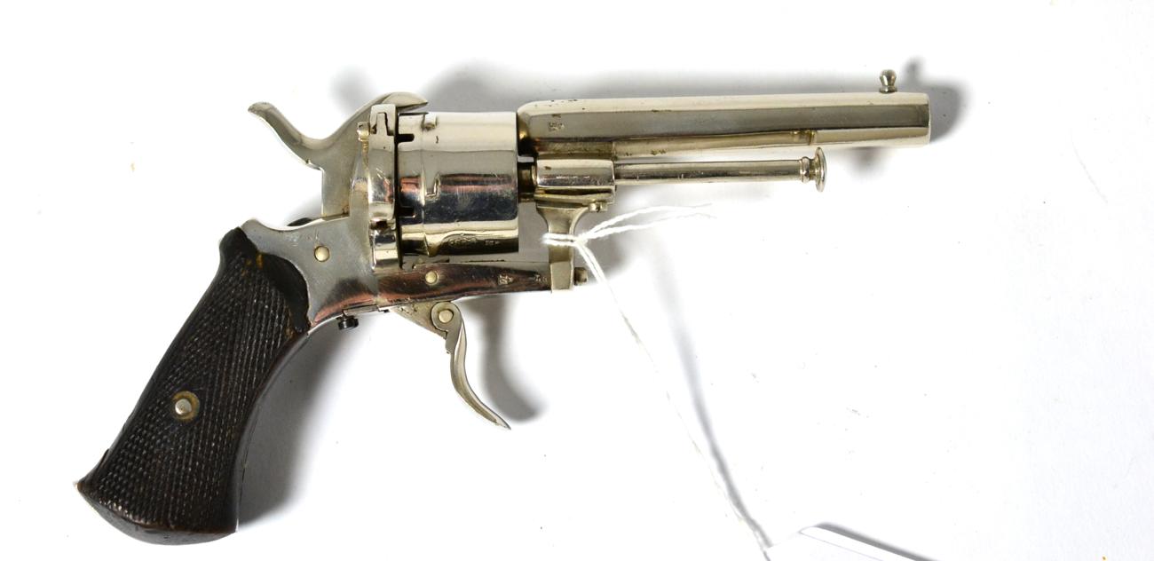 A 19th Century Belgian Pinfire Six Shot Revolver, with silver plated finish, 9cm sighted octagonal