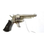 A 19th Century Belgian Pinfire Six Shot Revolver, with silver plated finish, 9cm sighted octagonal