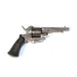 A 19th Century Belgian Pinfire Six Shot Revolver, with 8.5cm sighted octagonal steel barrel, the