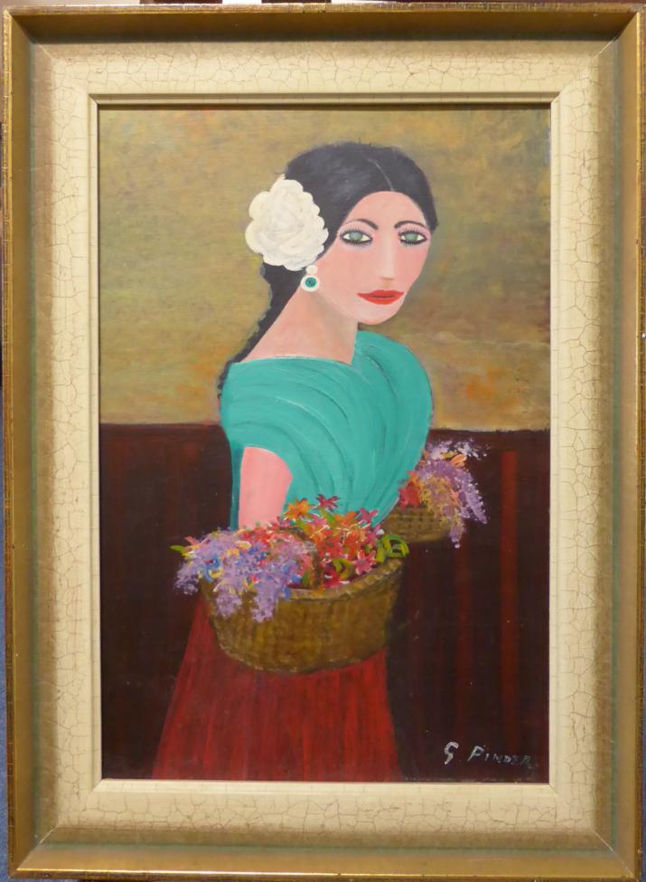 George Pinder (1894-1984) ''The Flower Girl'' Signed, inscribed verso and dated 1972, oil on