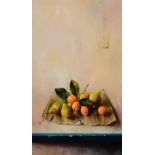 Jose Manuel Reyes (b.1963) Spanish Still life of plums and pears on brown paper Signed, oil on