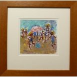 Sue Atkinson (b.1949) ''Beach Football'' Signed, mixed media, 16cm by 17cm