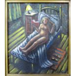 P J Crook (Contemporary) Reclining lady reading in bed Initialled, oil on board, 16cm by 13.5cm