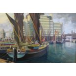 Clarence E. Blackburn (1914-1984) ''St Katharine's Docks'' Signed, bears artist's label verso, oil