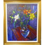 John Mackie (b.1955) ''White, Yellow and Orange Lilies'' Signed and dated 2015, oil on canvas, 74.