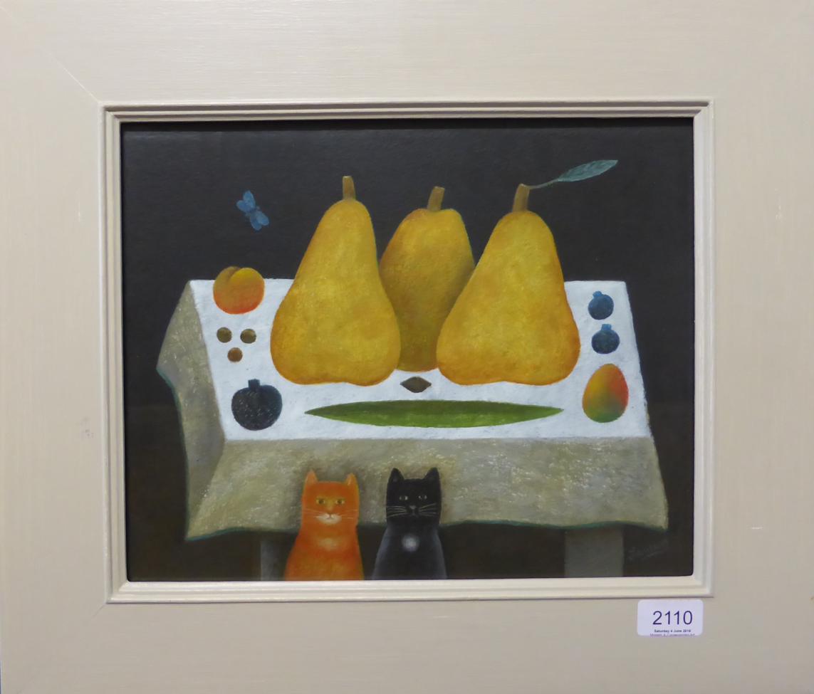 Martin Leman RBA, RWS (b.1934) Pears and Cats Signed, gouache, 27cm by 33cm