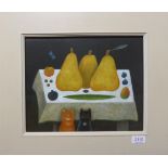 Martin Leman RBA, RWS (b.1934) Pears and Cats Signed, gouache, 27cm by 33cm