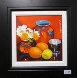 Frank Colclough (Contemporary) Scottish Still life of a vase of flowers, oranges, a lemon and