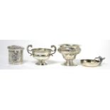 A silver dish with naturalistic handle, twin handled silver trophy, silver footed bowl and a