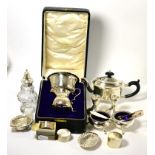 A complete three piece silver bachelors teaset, Birmingham marks; together with various silver items