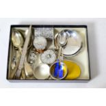 A pair of Agnus Dei enamelled silver spoons together with an enamelled silver metal trinket box, a