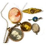 A Charles Horner pin (a.f.), a bar brooch, cameo, two lockets and a silver pendant