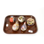 A group of five Royal Crown Derby paperweights, farmyard hen, robin, red legged partridge, wren