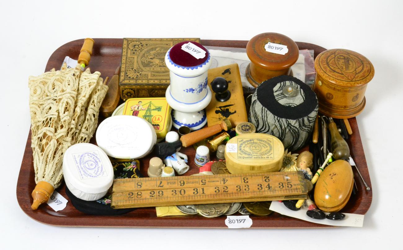 A collection of various sewing accoutrements with assorted medals, medallions etc (qty)