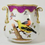 A Meissen style cache pot painted with birds below a puce scale border, 17cm high Gilding rubbed,