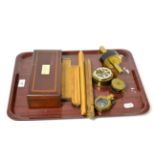 A tray of scientific instruments including a Farrow and Jackson hydrometer, folding and slide rules,