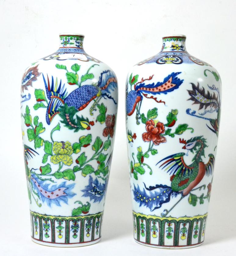 A pair of Japanese polychrome decorated vases, 30cm high Modern. In reasonably good condition
