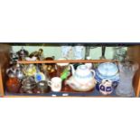 Shelf including 18th century Chinese blue and white octagonal plate, plated candelabrum, plated