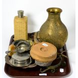 A quantity of miscellaneous items including a four piece silver plated tea service, silver plate