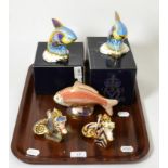 Five Royal Crown Derby paperweights including two boxed limited edition Guppy Fish, Coral