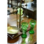 A pair of Mary Gregory glass vases and a set of brass scales