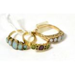 Two five stone opal rings and a multi gemstone ring