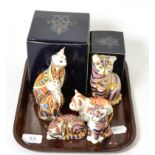 Six Royal Crown Derby paperweights including Siamese Cat (boxed), Siamese Kitten (boxed), Spice