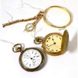 A 9ct gold lady's wristwatch and a 9ct gold bangle together with two pocket watches (4)