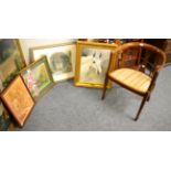 An Edwardian inlaid armchair, a Russell Flint print, a Madonna and Child print, oil portrait of a