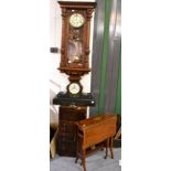 A Victorian slate mantel clock, a regulator style wall clock, an oak framed barometer/mirror, sewing