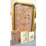 A large Indian embroidered and applique framed textile together with three Oriental framed