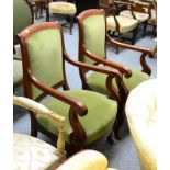 Pair of 19th century mahogany open armchairs with green upholstery