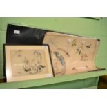 Japanese watercolour together with a folio of architectural and ornithological drawings