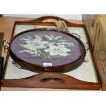 Two needlepoint circular trays and a rectangular tray (3)