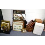A Victorian brass inlaid mahogany writing slope, inlaid book trough, horn handled walking stick, a