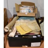 A box of various ephemera including 16th century indenture, 19th century indenture, stamps, etc