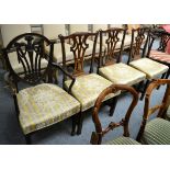 A set of three George III Hepplewhite style dining chairs together with a 19th century elbow chair