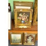 A group of framed articles including a print after Peter Scott, four still lifes of flowers (two oil